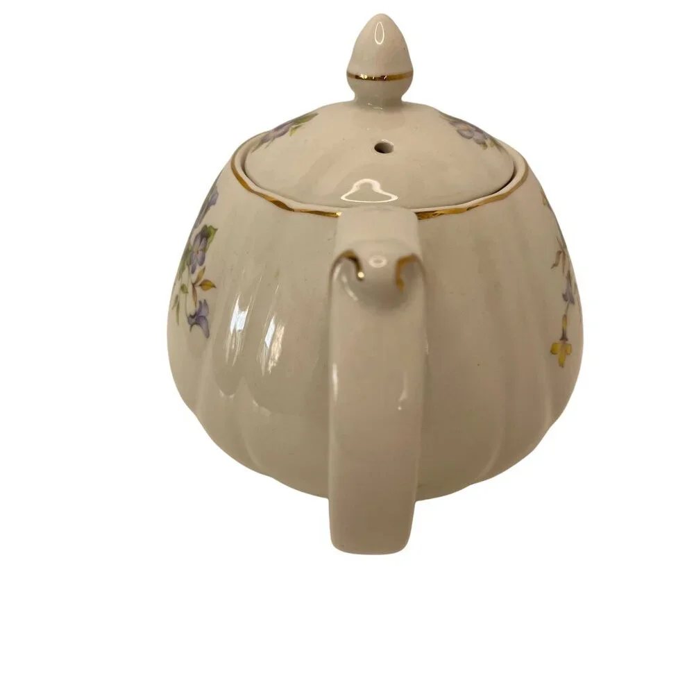 England‎ violet ceramic teapot with lid gilded gold trim rounded floral 6